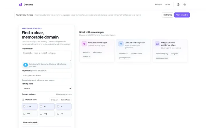 Doname website desktop view