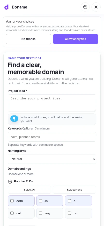 Doname website mobile view