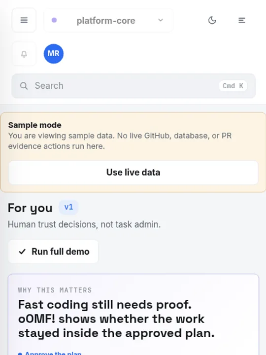 oOMF! CMS local sample mode studio view on mobile