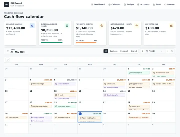 Demo BillBoard cash-flow calendar interface
