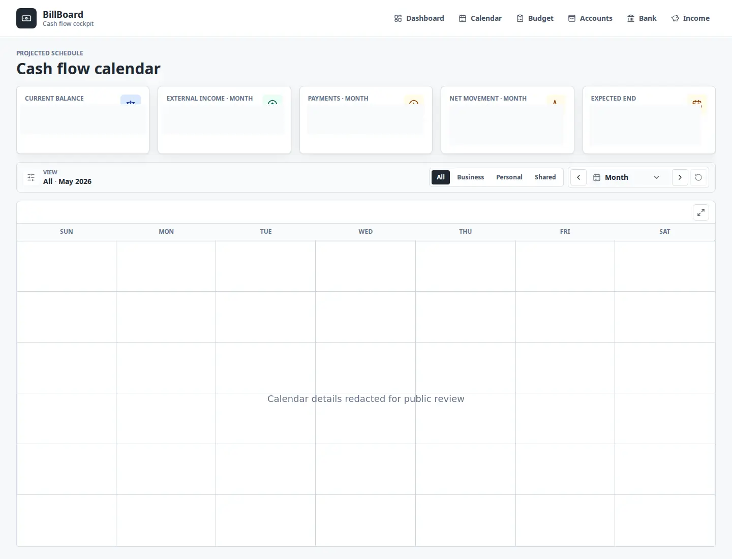 Anonymised BillBoard cash-flow calendar interface