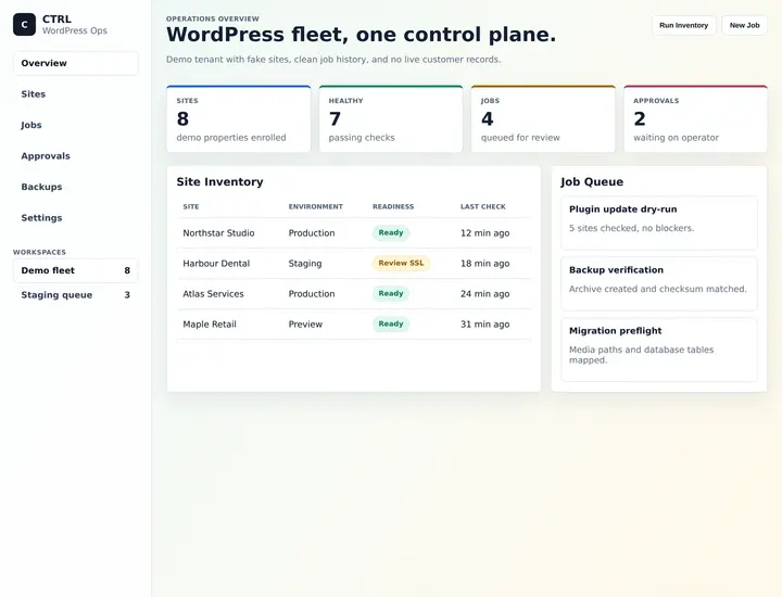 Demo CTRL WordPress operations dashboard