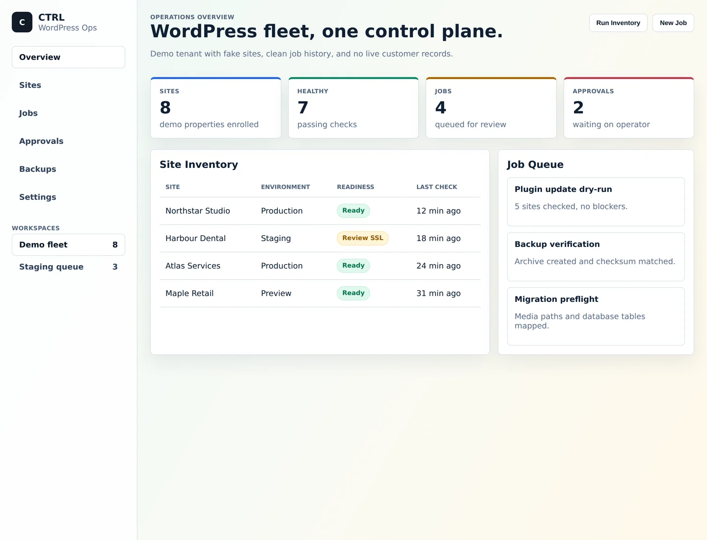 Demo CTRL WordPress operations dashboard