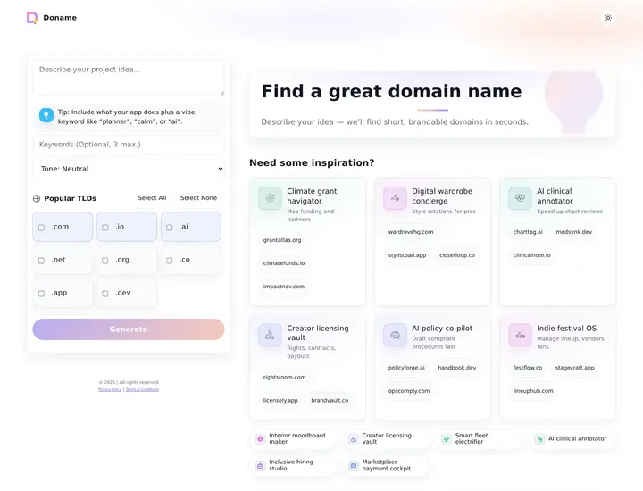 Doname domain search interface with keyword and tone controls