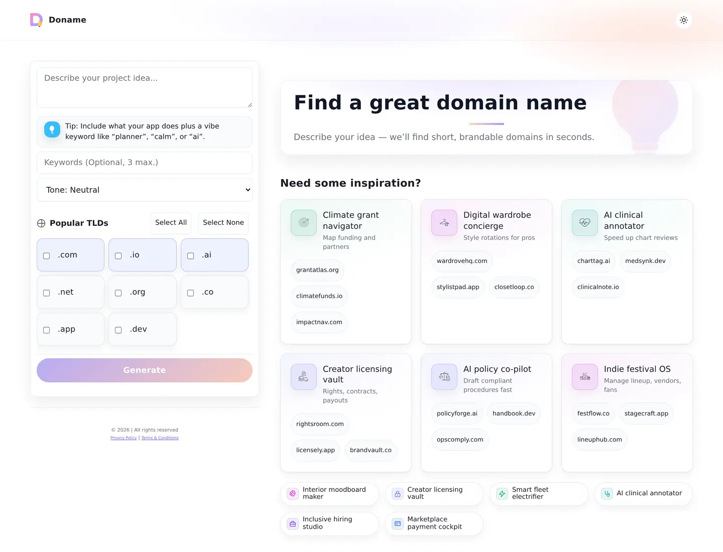 Doname domain search interface with keyword and tone controls
