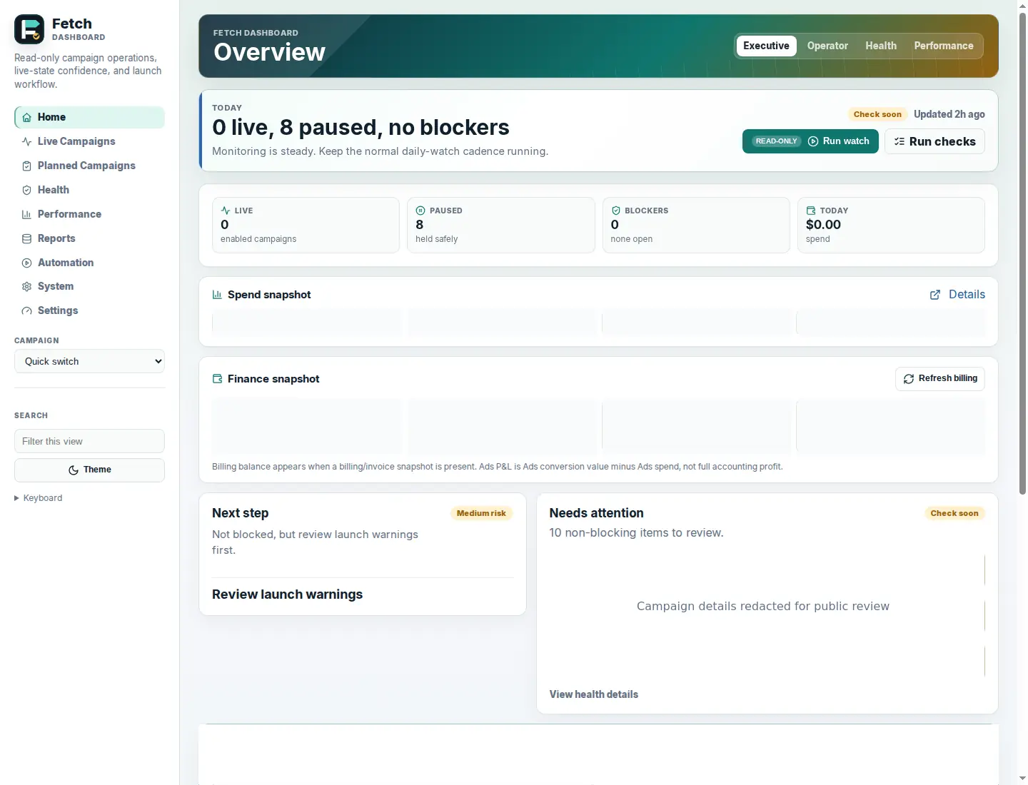 Anonymised Fetch campaign operations dashboard
