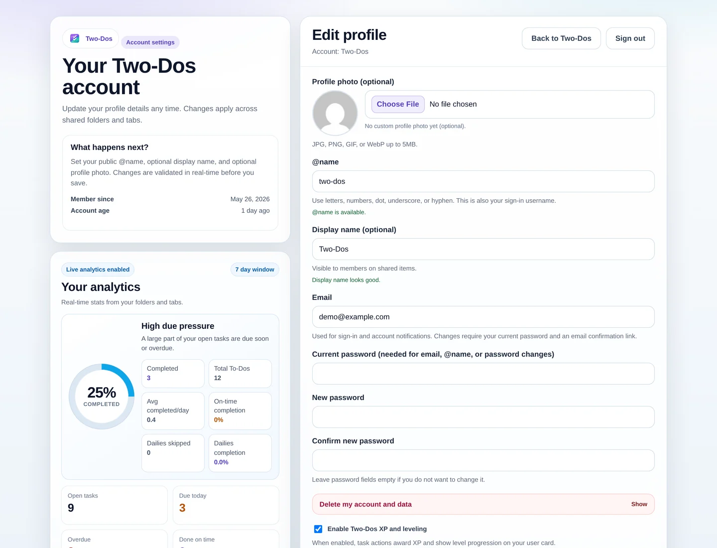 Two-Dos account settings interface