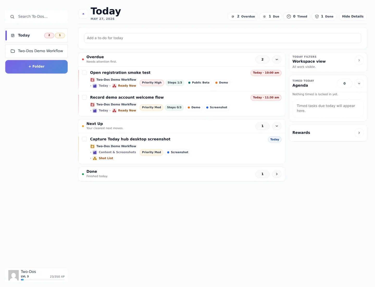 Two-Dos Today planning interface showing task lists and workflow controls