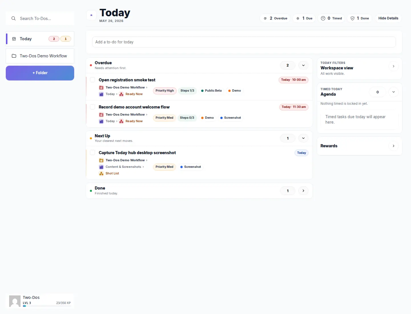 Two-Dos Today planning interface showing task lists and workflow controls