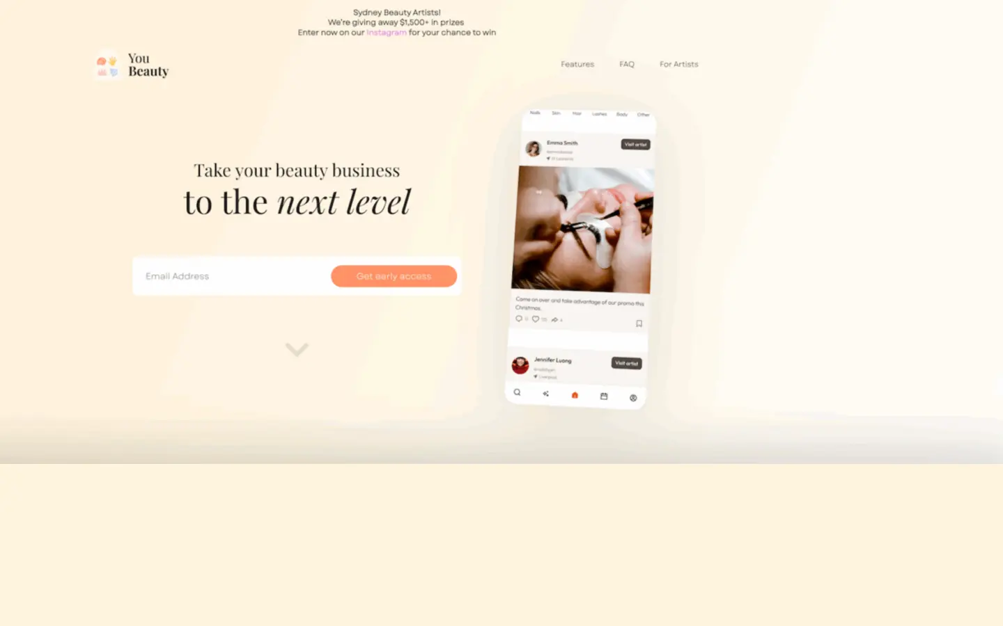 YouBeauty app landing page and artist booking feed interface