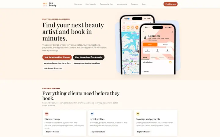 YouBeauty website homepage with product feature content